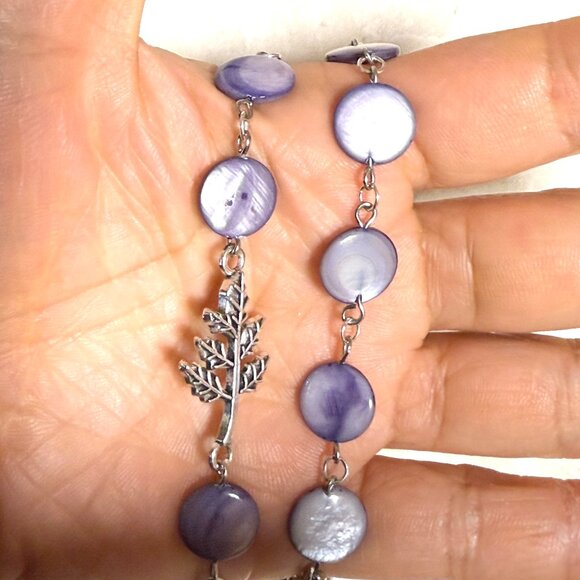 Purple Mother of Pearl Beaded Short Necklace + Silver Leaf Branch Pendant - Picture 12 of 12